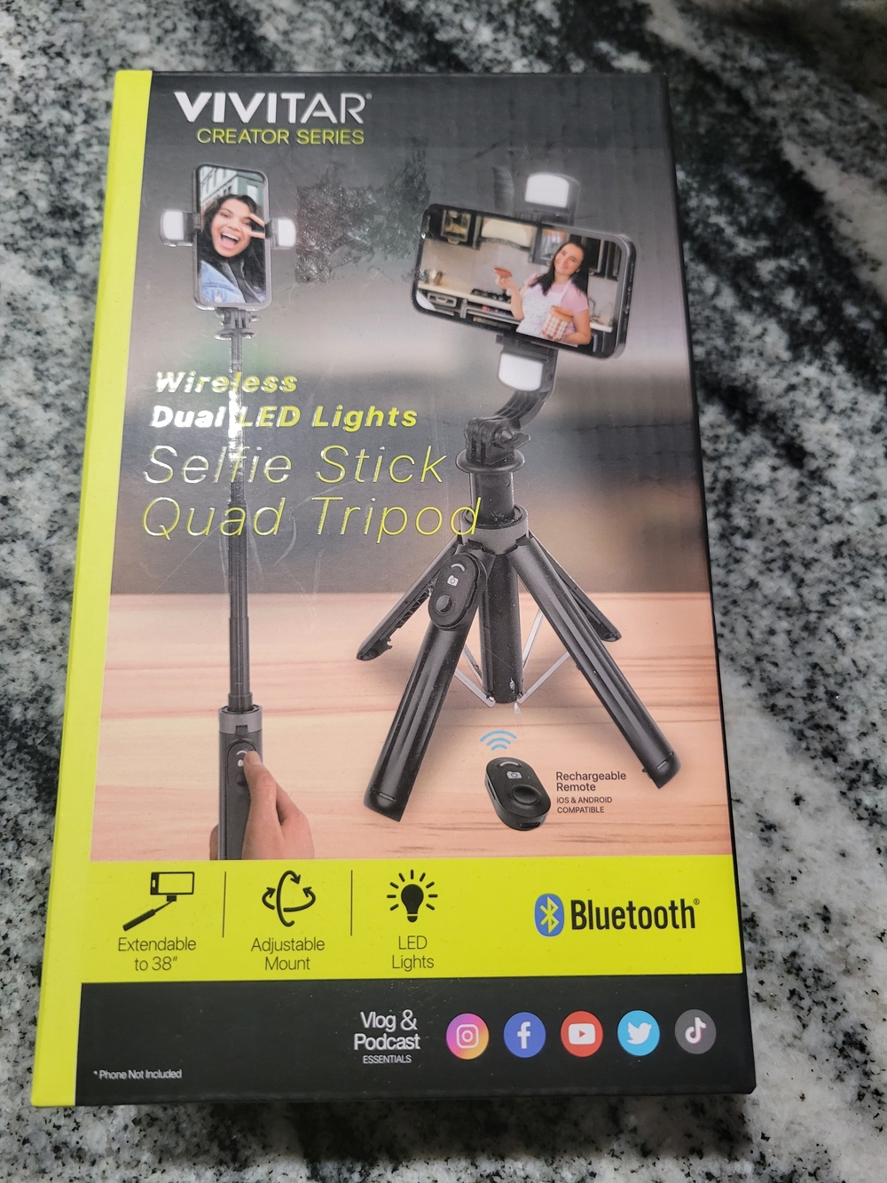 Vivitar Black Selfie Stick Quad Tripod with Dual LED Lights